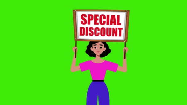 Girl Holding Special Discount Signboard Comes Green Background Animation Woman — Stock Video