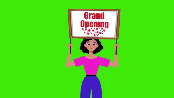 Mädchen Mit Einem Großen Eröffnungsschild Und Kommt Auf Grünem Hintergrund — Stockvideo