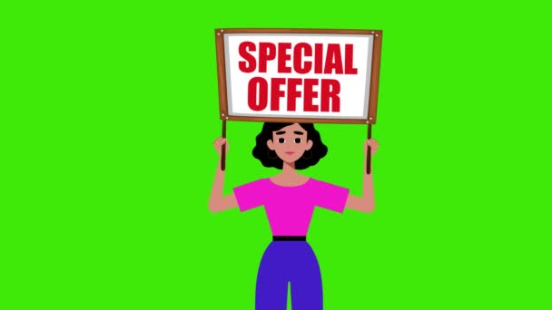 Girl Holding Special Offer Signboard Comes Green Background Animation Woman — Stock Video