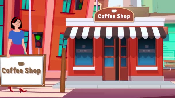 Frau Läuft Auf Coffeeshop Hintergrundbild Und Stellt Coffeeshop Schild Auf — Stockvideo