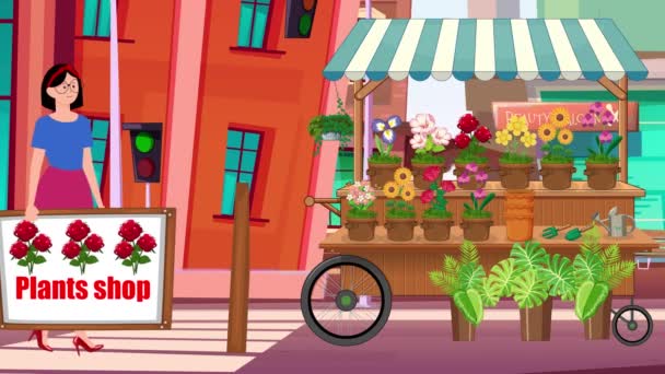 植物の店の背景を歩き 立って植物の店の看板を置き ガール ハンドカート ハンドカート — ストック動画