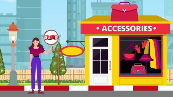 Girl Holding Sale Signboard Standing Accessories Shop Fundo Animação Mulher — Vídeo de Stock