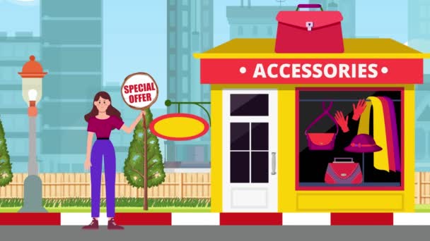 Girl Holding Special Offer Signboard Standing Accessories Shop Fundo Animação — Vídeo de Stock