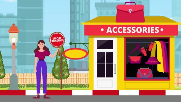 Fille Tenant Des Panneaux Réduction Spéciale Debout Sur Boutique Accessoires — Video