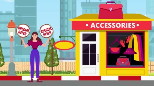 Fille Tenant Une Offre Spéciale Panneau Debout Sur Boutique Accessoires — Video