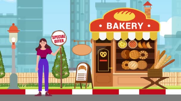 Meisje Met Speciale Aanbieding Borden Staande Bakkerij Achtergrond Animatie Vrouw — Stockvideo