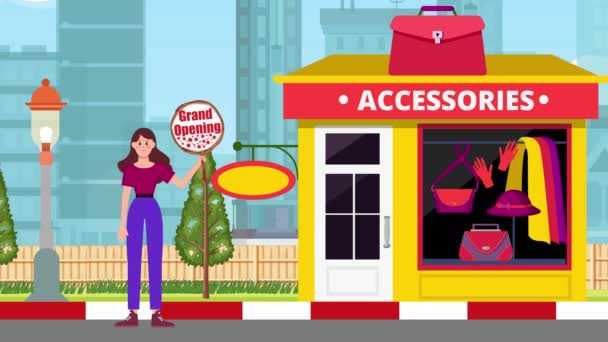 Dziewczyna Holding Grand Opening Signboards Standing Accessories Sklep Tło Animacja — Wideo stockowe