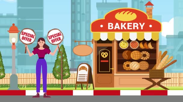 Girl Holding Special Offer Signboards Standing Bakery Background Animation Woman — Stok Video