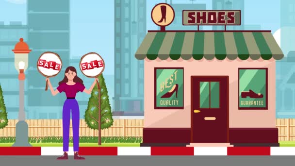 Fille Tenant Panneau Vente Debout Sur Magasin Chaussures Arrière Plan — Video