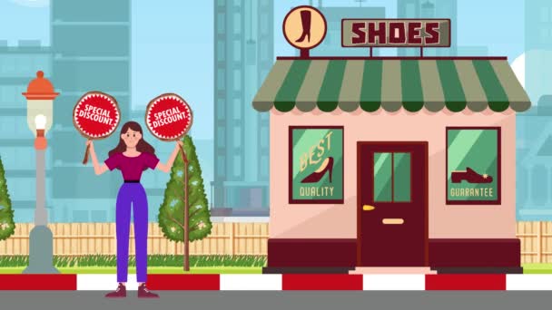 Girl Holding Special Discount Signboard Standing Shoes Winkel Achtergrond Animatie — Stockvideo
