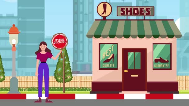 特別割引看板を保持し 靴の店の背景 アニメーション サイン スタンド マーケティング ビジネスに立っている少女 — ストック動画