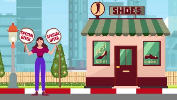 Girl Holding Special Offer Signboards Standing Shoes Shop Fundo Animação — Vídeo de Stock