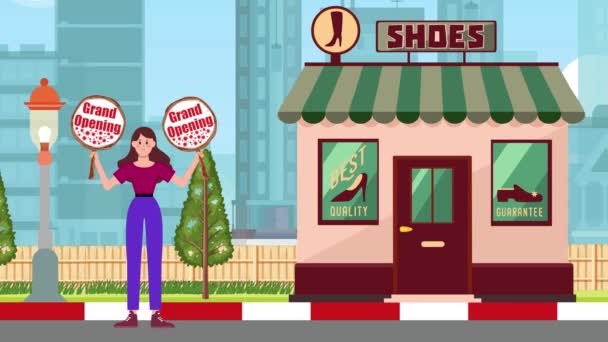 Girl Holding Grand Opening Signboards Staande Schoenen Winkel Achtergrond Animatie — Stockvideo