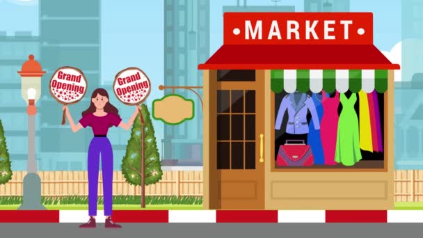 グランドオープニング看板を保持し スーパーマーケットの背景 アニメーション サイン スタンド マーケティング ビジネスに立つ少女 — ストック動画