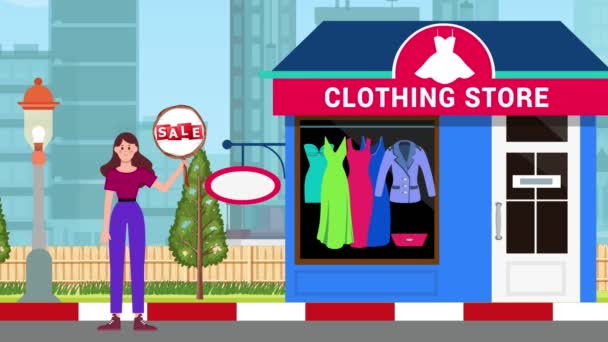 Fille Tenant Panneau Vente Debout Sur Magasin Vêtements Arrière Plan — Video