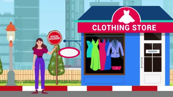 Girl Holding Special Discount Signboards Standing Clothes Shop Background Animation — Stock Video