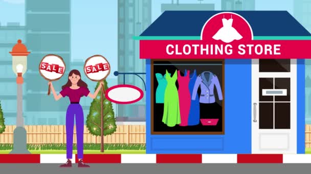 Girl Holding Sale Signboard Standing Clothes Shop Background Animation Woman — Stock video