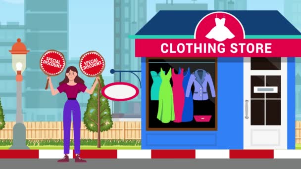 特別割引看板を保持し 服の店の背景 アニメーション サイン スタンド マーケティング ビジネスに立っている少女 — ストック動画