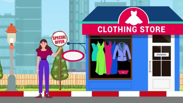 Girl Holding Special Offer Signboard Standing Clothes Shop Fundo Animação — Vídeo de Stock