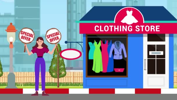 特別なオファーの看板を保持し 服の店の背景 アニメーション サイン スタンド マーケティング ビジネスに立っている少女 — ストック動画