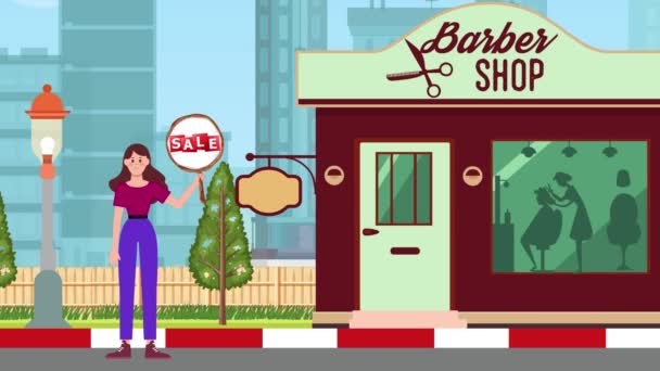 Menina Segurando Uma Placa Venda Loja Barbeiro Fundo Animação Mulher — Vídeo de Stock