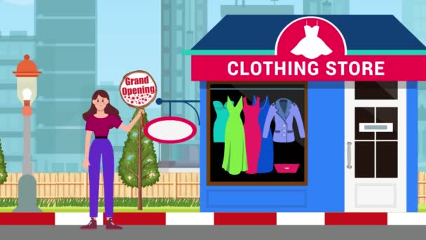 Girl Holding Grand Opening Signboards Standing Ruházati Üzlet Háttér Animáció — Stock videók