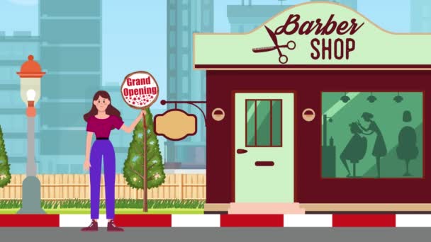 Dziewczyna Holding Grand Opening Signboards Standing Shoes Shop Tło Animacja — Wideo stockowe