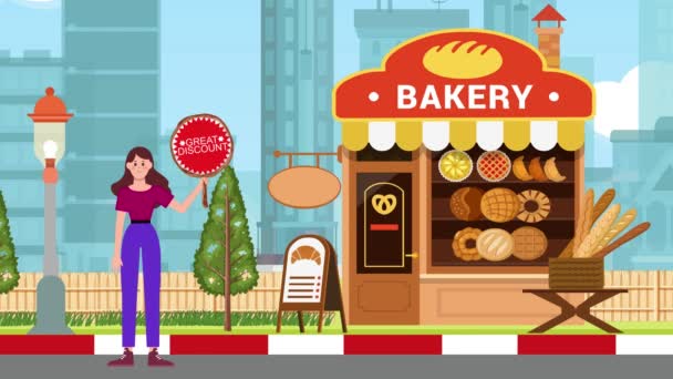 大きい割引看板を保持し ベーカリーの背景に立っている少女 アニメーション サイン スタンド マーケティング ビジネス — ストック動画