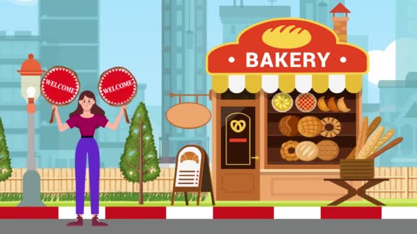 Girl Holding Welcome Signboard Standing Bakery Background Animation Woman Sign — Stock Video