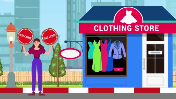 Girl Holding Welcome Signboards Standing Clothes Shop Achtergrond Animatie Vrouw — Stockvideo