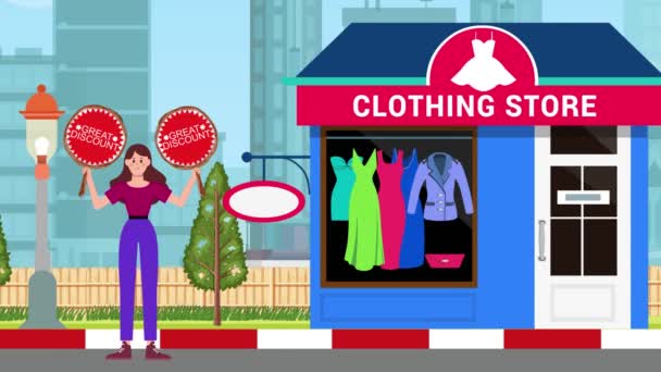 大きい割引看板を保持し 衣服の店の背景 アニメーション サイン スタンド マーケティング ビジネスで立っている少女 — ストック動画