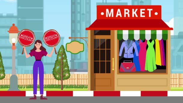 大きな割引看板を保持し スーパーマーケットの背景 アニメーション サイン スタンド マーケティング ビジネスに立っている少女 — ストック動画