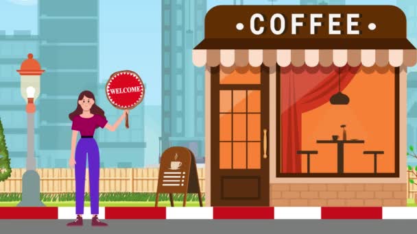 Girl Holding Welcome Signboard Standing Coffee Shop Background Animation Woman — Stock Video