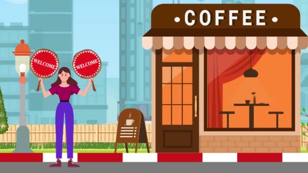 Girl Holding Welcome Signboards Standing Coffee Shop Background Animation Γυναίκα — Αρχείο Βίντεο