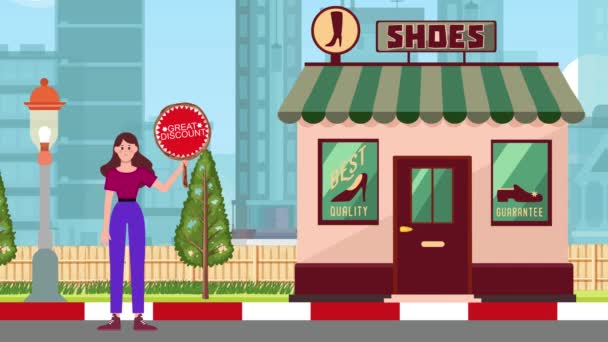大きな割引看板を保持し 靴の店の背景 アニメーション サイン スタンド マーケティング ビジネスに立っている少女 — ストック動画