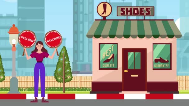 歓迎された看板を保持し 靴の店の背景 アニメーション サイン スタンド マーケティング ビジネスで立っている少女 — ストック動画
