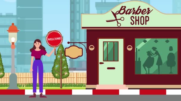 Girl Holding Welcome Signboard Standing Barber Shop Fundo Animação Mulher — Vídeo de Stock