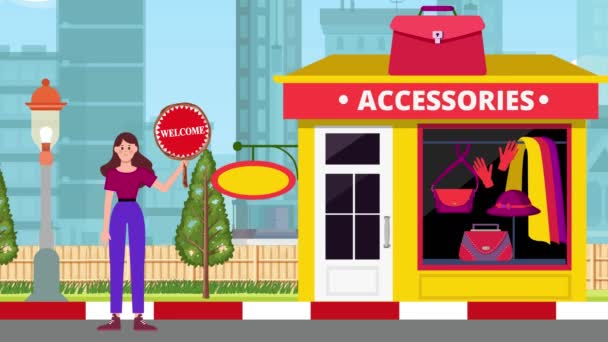 Dziewczyna Gospodarstwa Welcome Signboard Stojąc Akcesoria Sklep Tle Animacja Kobieta — Wideo stockowe