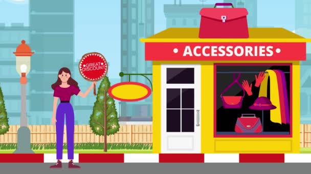 Girl Holding Great Discount Signboard Standing Accessories Shop Fundo Animação — Vídeo de Stock