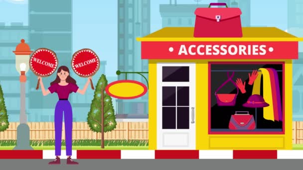 Girl Holding Welkom Borden Staande Accessoires Winkel Achtergrond Animatie Vrouw — Stockvideo