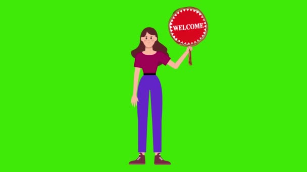 Κορίτσι Που Κατέχουν Μια Πινακίδα Καλωσορίσματος Και Στέκεται Πράσινο Φόντο — Αρχείο Βίντεο