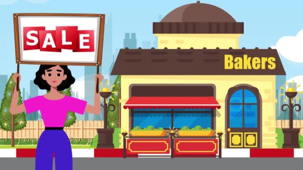 Girl Holding Sale Signboard Comes Baker Shop Background Animation Woman — Stock Video