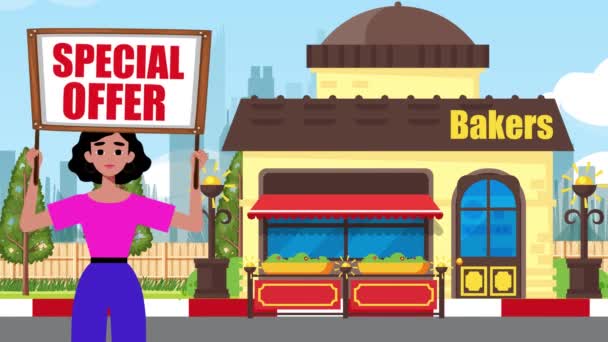 Girl Holding Special Offer Signboard Comes Baker Shop Background Animation — Stock Video