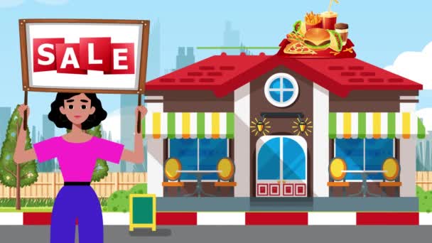 Girl Holding Sale Signboard Comes Fast Food Shop Background Animation — Stock Video