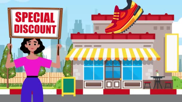 Girl Holding Special Discount Signboard Comes Shoes Shop Background Animation — Stock Video