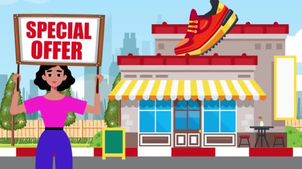 Girl Holding Special Offer Signboard Comes Shoes Shop Background Animation — Stock Video
