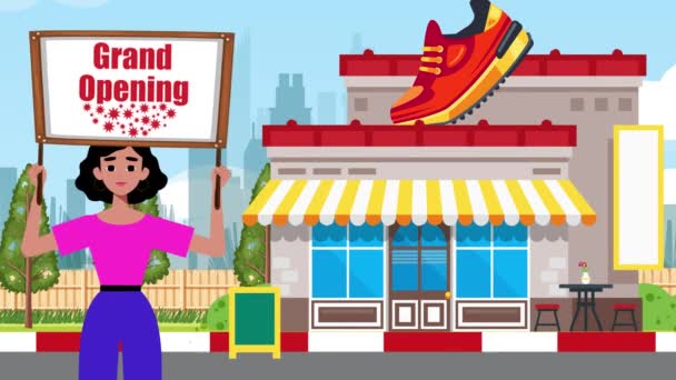 グランドオープニング看板を保持し 靴の背景 アニメーション サイン マーケティング ビジネス スリッパで来ます — ストック動画