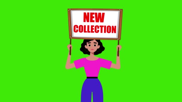 Mädchen Hält Eine Neue Kollektion Schild Und Kommt Auf Grünem — Stockvideo