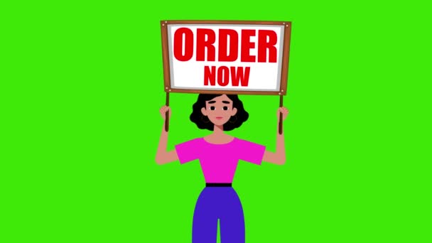 Girl Holding Order Now Signboard Comes Green Background Animação Mulher — Vídeo de Stock
