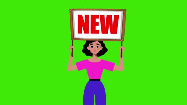 Girl Holding New Signboard Comes Green Background Animation Woman Sign — Stock Video